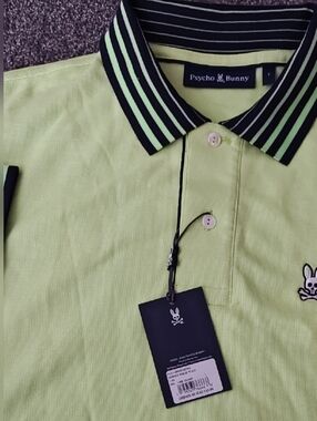 Psycho Bunny Lime Green Polo with Navy Striped Collar